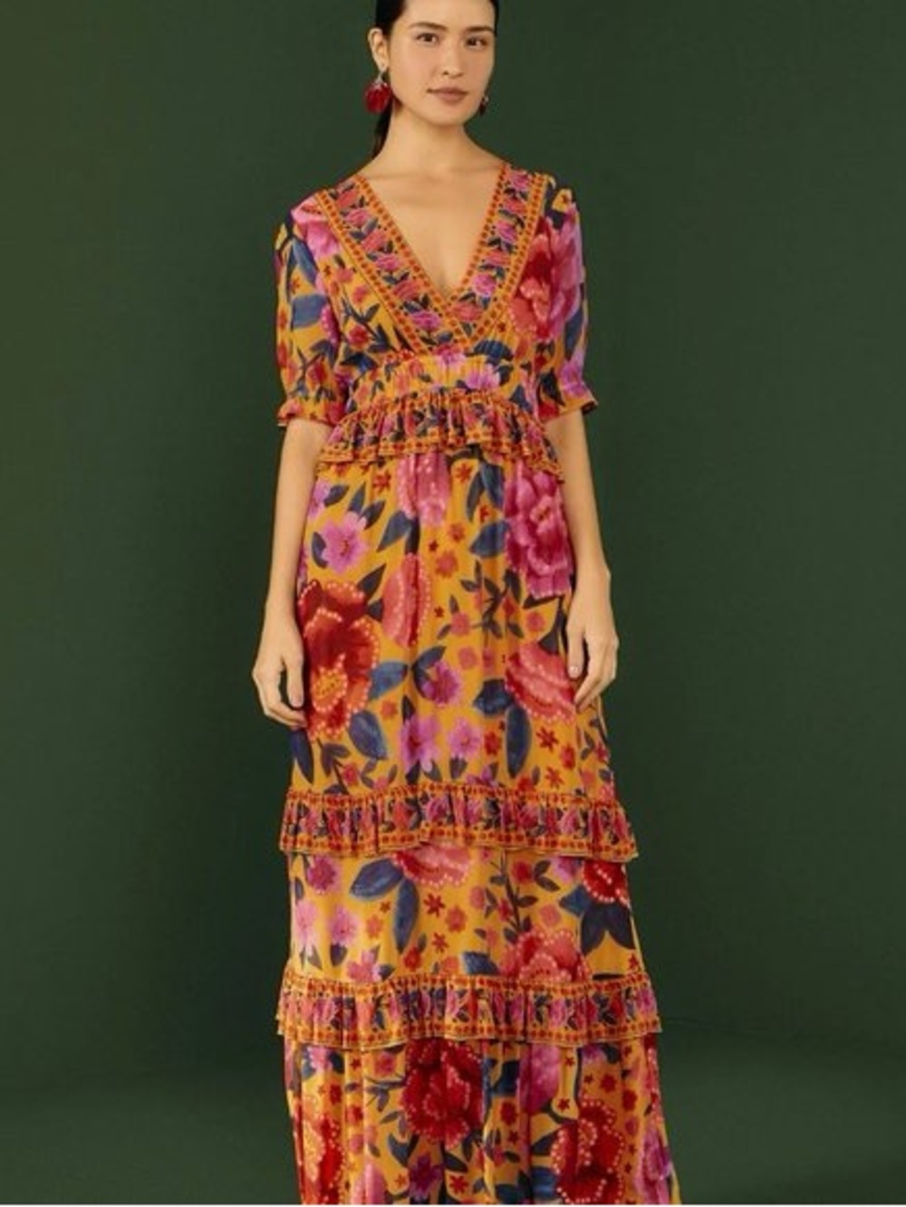 Farm Rio Yellow Floral Short Sleeve Maxi Dress
